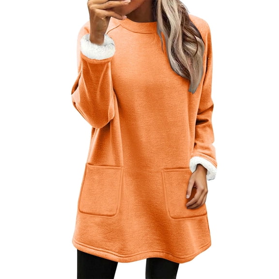 TKLPEHG Winter Fashion Women's Fleece Tunic Tops Crewneck Sweatshirts Long Sleeve Warm Tops Solid Color Comfy Fashion Clothes Pullover with Pocket (Orange,S)