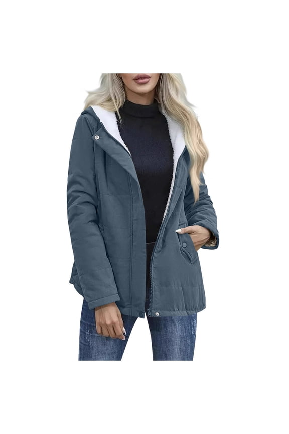 Winter Jacket for Women Fleece Jacket Women Full Zip Up Hooded Fleece Warm Coats Casual Plain Padded Jackets with Pokckets (Navy,S)
