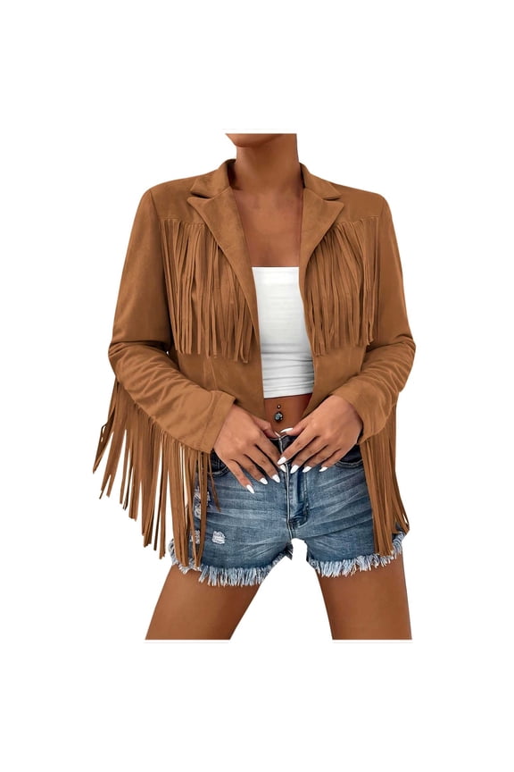 Woman Leather Jackets Long Sleeve Fringe Jacket Tassel Motorcycle Cropped Coats Casual Open Front Western Tassel Coat (Coffee,S)