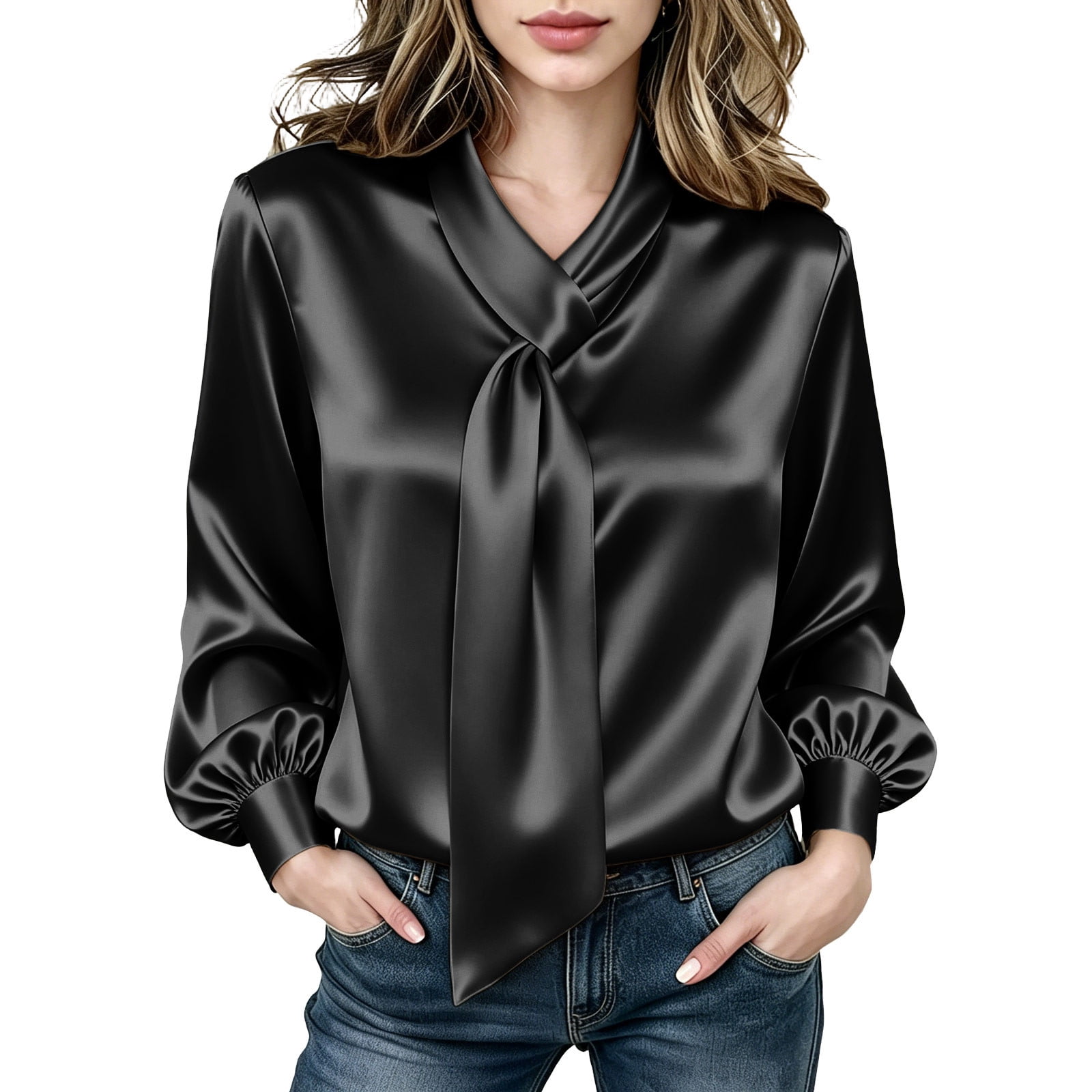 TKLPEHG Women Bow Tie Neck Satin Blouse, Long Sleeve Lantern Cuff