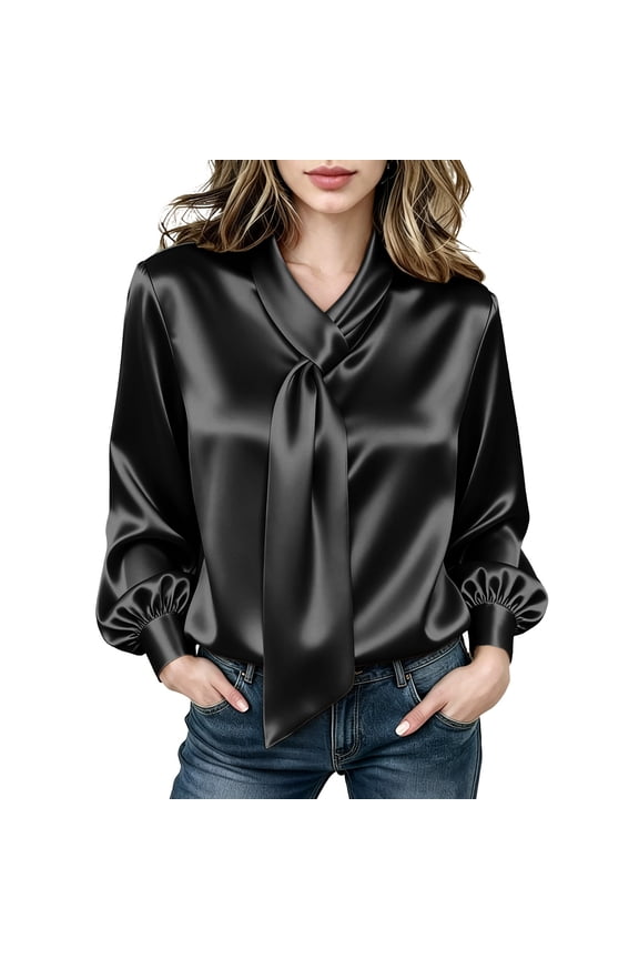 Women Bow Tie Neck Satin Blouse, Long Sleeve Lantern Cuff Elegant Top with Detachable Neck Scarf, Dressy Work Party Satin Shirt (Black,XXXL)