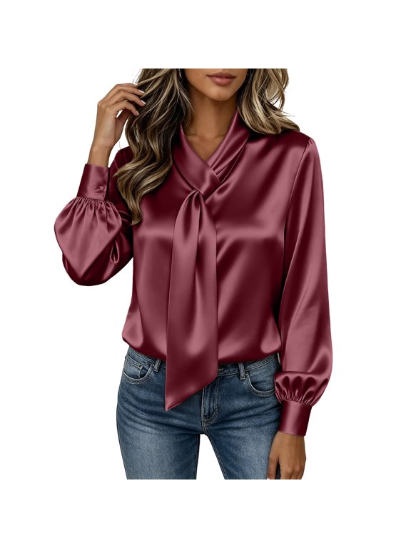 Women Bow Tie Neck Satin Blouse, Long Sleeve Lantern Cuff Elegant Top with Detachable Neck Scarf, Dressy Work Party Satin Shirt (Wine,S)