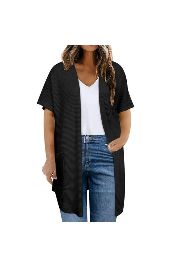 Women Cardigan Plus Size Spring Summer Front Open Top Cardigan Jacket with Pocket Solid Color Fashion Casual Going Out Tops Loose Short Sleeve Blouses (Black,XXXL)