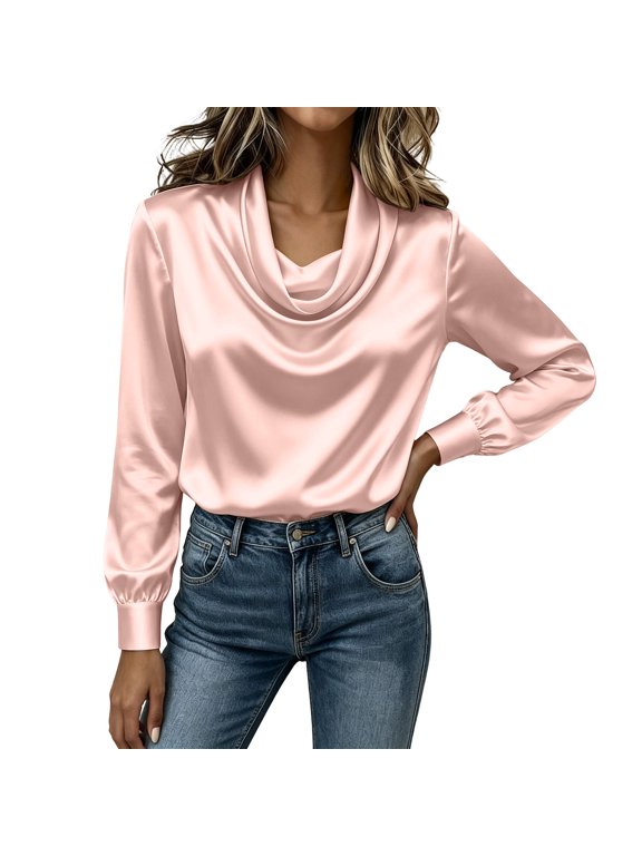 Women Cowl Neck Draped Satin Blouse, Long Sleeve Lantern Cuff Silky Top, Elegant Casual Formal Dressy Satin Shirt (Pink,M)