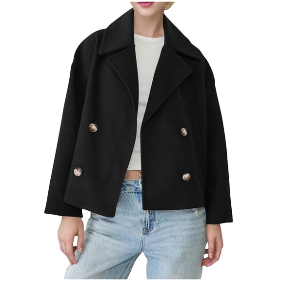 TKLPEHG Women Cropped Wool Coats Notch Lapel Double Breasted Peacoat Jacket Short Trench Overcoat (Black,S)