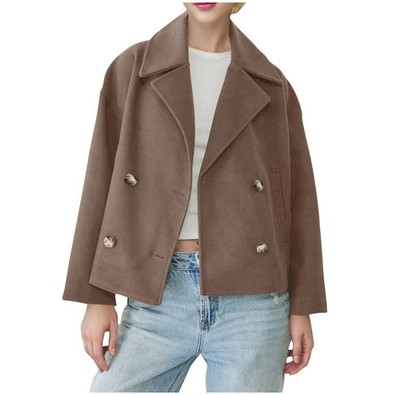 TKLPEHG Women Cropped Wool Coats Notch Lapel Double Breasted Peacoat Jacket Short Trench Overcoat (Coffee,M)