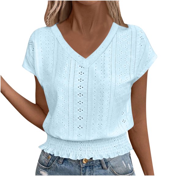 TKLPEHG Women Dressy Tops V-Neck Hollow Out Pleated Shirt Regular Short Sleeve Blouses Western Outfit for Women Fashion Leisure Solid Color Graphic Tee Lightweight Blouses (Blue,S)