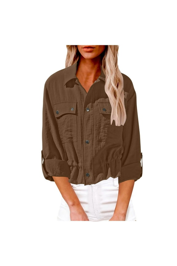 Women Fall Clothes Long Sleeve Tops Women Casual Button Lapel Collar Rolled Sleeve Blouses Elastic Waist Work Tops With Pockets (Brown,M)