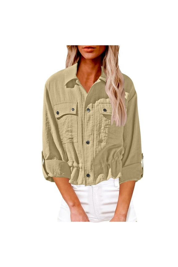Women Fall Clothes Long Sleeve Tops Women Casual Button Lapel Collar Rolled Sleeve Blouses Elastic Waist Work Tops With Pockets (Khaki,M)