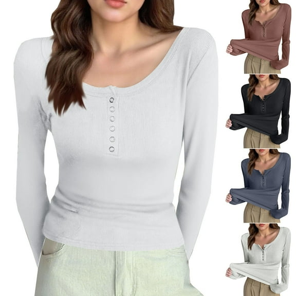 TKLPEHG Women Fall Clothes Slim Fitted Base Tops Solid Button Up Shirts Long Sleeve Soft Casual Undershirt Top (Black,L)