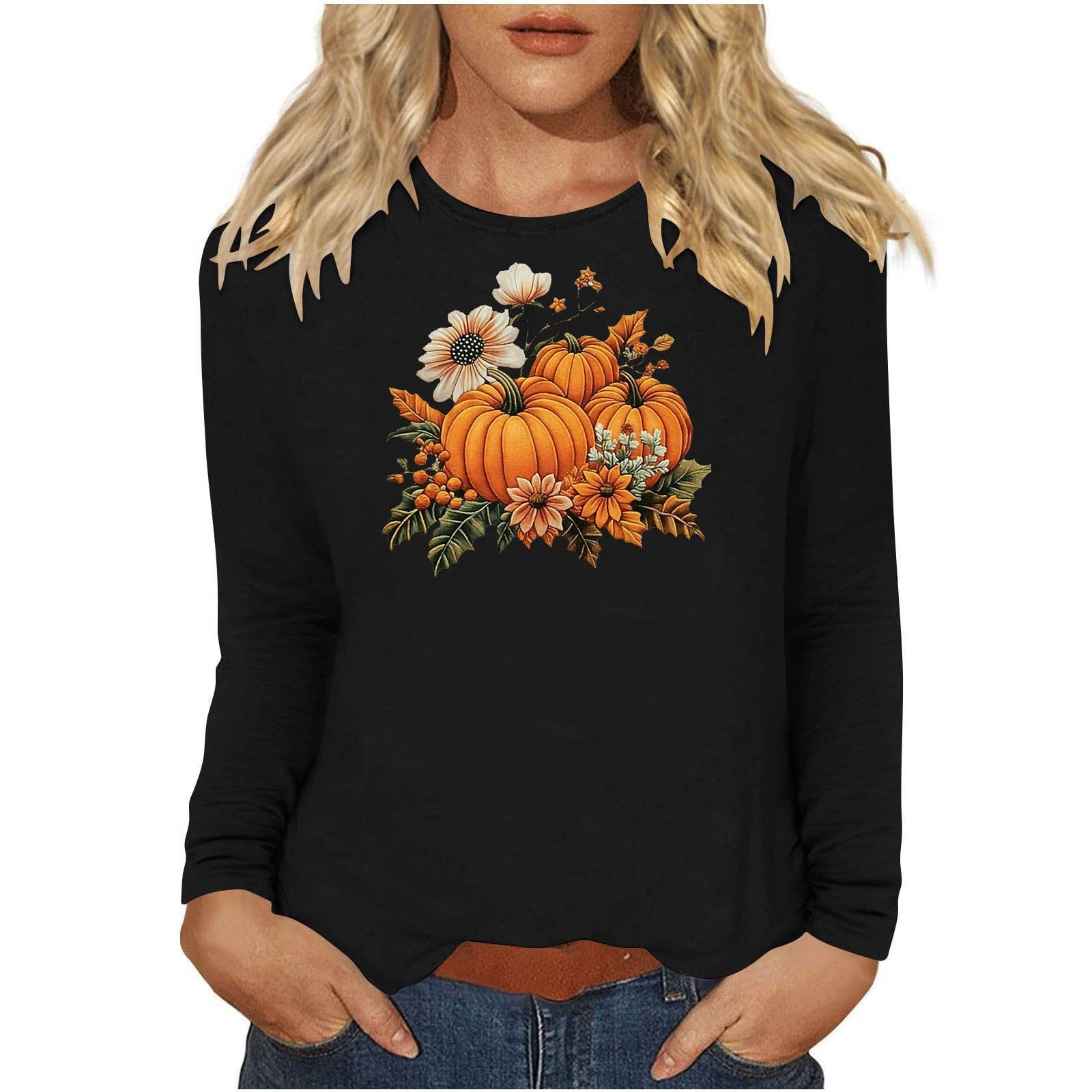 TKLPEHG Women Fall Tops Thanksgiving Pumpkin Graphic Tee Casual Round ...