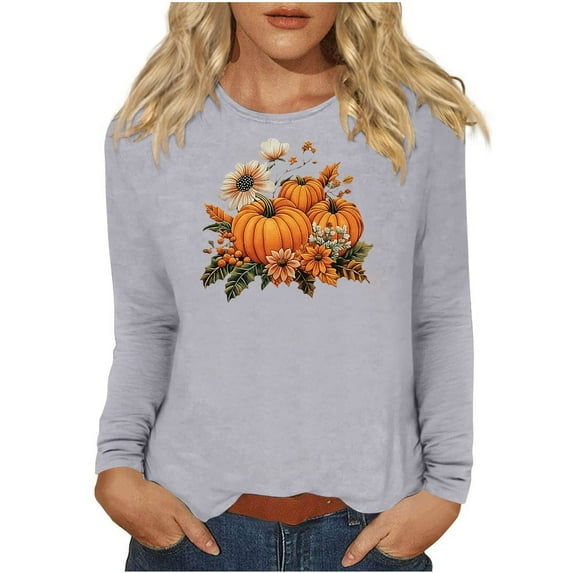 TKLPEHG Women Fall Tops Thanksgiving Pumpkin Graphic Tee Casual Round Neck Long Sleeve Tops Fashion Loose Pullover (Gray,L)