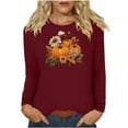 thumbnail image 1 of TKLPEHG Women Fall Tops Thanksgiving Pumpkin Graphic Tee Casual Round Neck Long Sleeve Tops Fashion Loose Pullover (Wine,S), 1 of 2