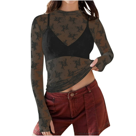 TKLPEHG Women Lace Bolero Shrug See Through Floral Print Slim Cardigan Sheer Mesh Cropped Y2K Going Out Tops (Black,L)