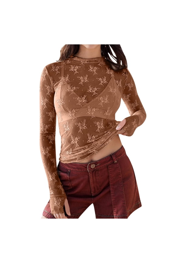 Women Lace Bolero Shrug See Through Floral Print Slim Cardigan Sheer Mesh Cropped Y2K Going Out Tops (Brown,M)