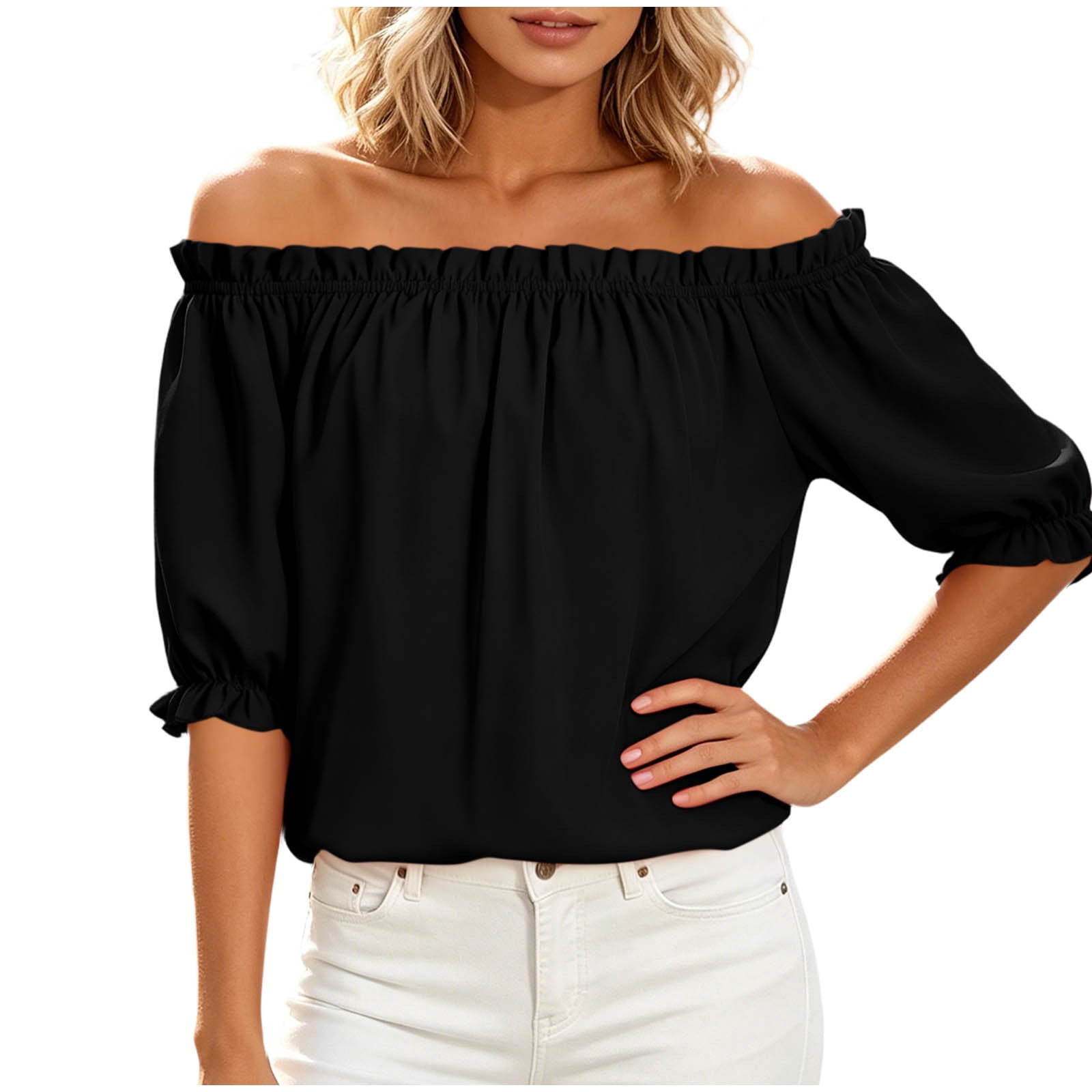 TKLPEHG Women Off Shoulder 3/4 Sleeve Blouse, Ruffled Neckline