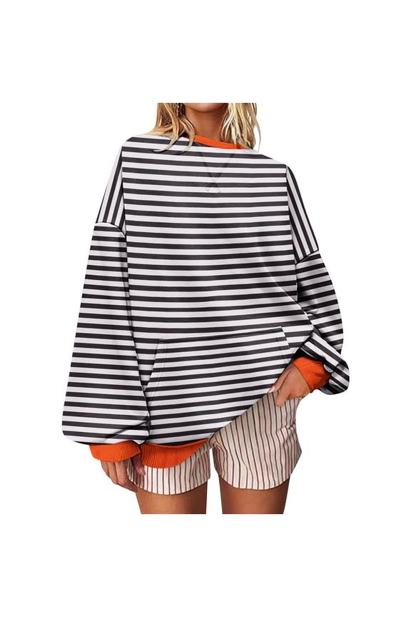 Women Oversized Striped Crewneck Sweatshirt Fall Fashion Long Sleeve Color Block Pullover Tops Casual Loose Workout Pullover (Orange,XXL)