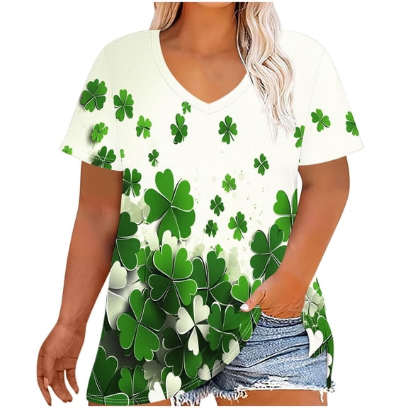 TKLPEHG Women Plus Size Tops St. Patricks Day Shirts V Neck Short Sleeve Tshirts Oversized Shamrock Print T Shirt (Z02_Green,XXXXXL)