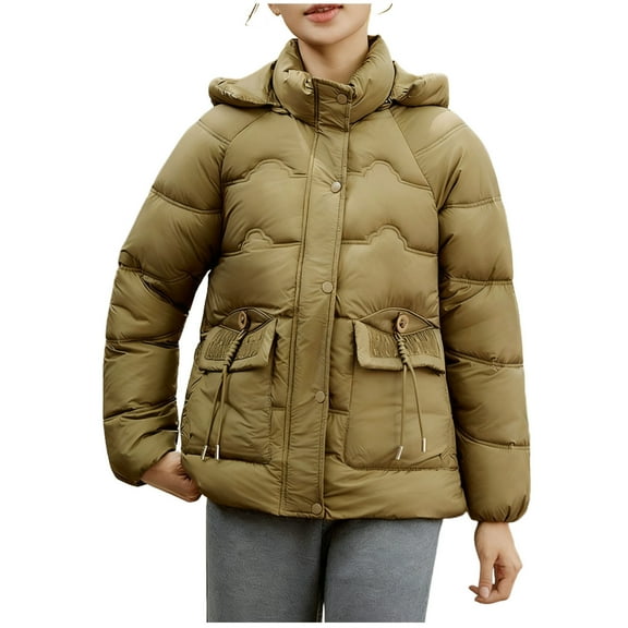 TKLPEHG Women Puffer Jacket Hooded Parka Coat Winter Warm Thicken Puffer Coat Solid Color Long Sleeve Outerwear (Khaki,XXXXL)