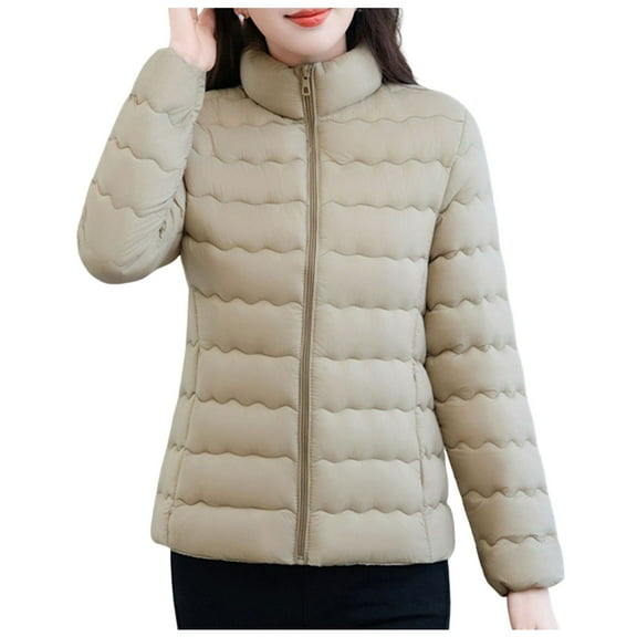 TKLPEHG Women Puffer Jacket Light Down Jackets Long Sleeve Soft Short Coat Windbreaker Winter Coats (Khaki,XXL)