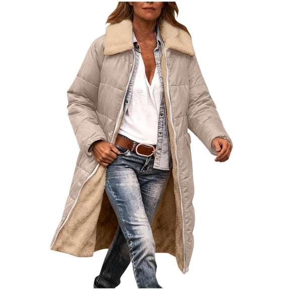 TKLPEHG Women Puffer Jacket Long Winter Coats for Women Oversized Warm Fleece Puffer Coat Long Sleeve Padded Down Jackets Zip Up Outerwear (Khaki,XXL)