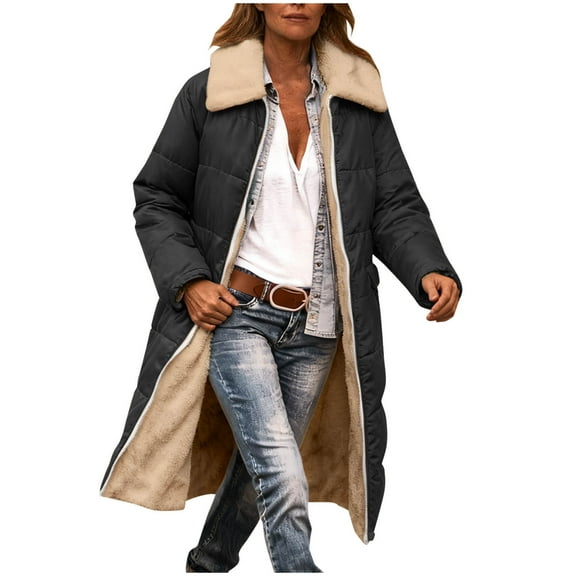 TKLPEHG Women Puffer Jacket Long Winter Coats for Women Oversized Warm Fleece Puffer Coat Long Sleeve Padded Down Jackets Zip Up Outerwear (Black,S)