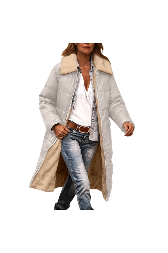 Women Puffer Jacket Long Winter Coats for Women Oversized Warm Fleece Puffer Coat Long Sleeve Padded Down Jackets Zip Up Outerwear (White,L)