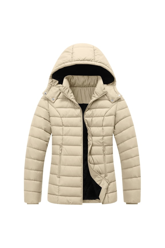 Women Puffer Jacket Zip Up Hooded Puffer Coat Casual Long Sleeve Winter Warm Coats Solid Color Comfy Outerwear (Beige,XXL)