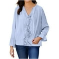 thumbnail image 1 of TKLPEHG Women Ruffle Trim Button Up Long Sleeve Blouse Top Elegant Work Shirt Casual Loose Fit Plain Tunic Tops (Light Blue,M), 1 of 7