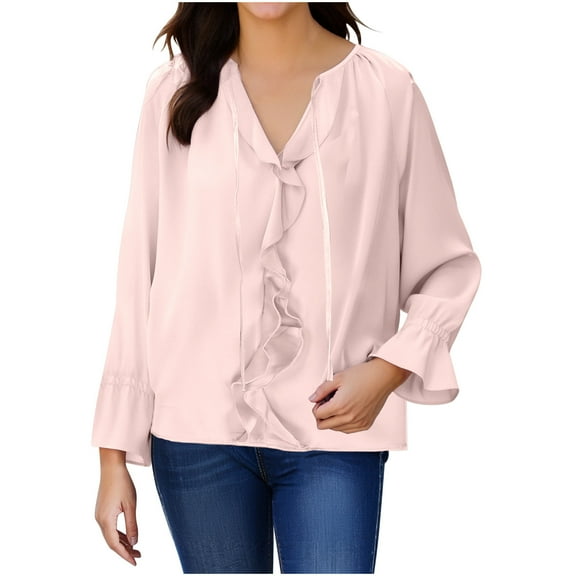 TKLPEHG Women Ruffle Trim Button Up Long Sleeve Blouse Top Elegant Work Shirt Casual Loose Fit Plain Tunic Tops (Pink,S)