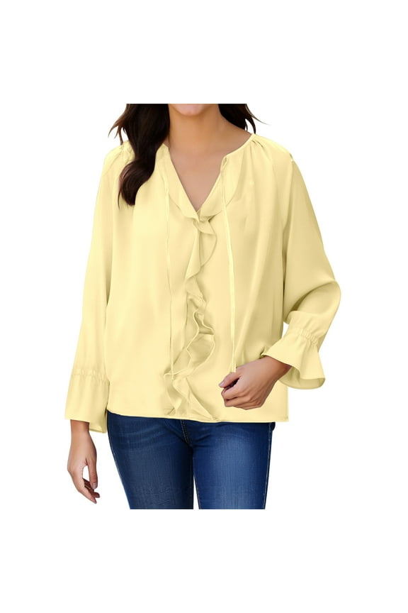 Women Ruffle Trim Button Up Long Sleeve Blouse Top Elegant Work Shirt Casual Loose Fit Plain Tunic Tops (Yellow,S)