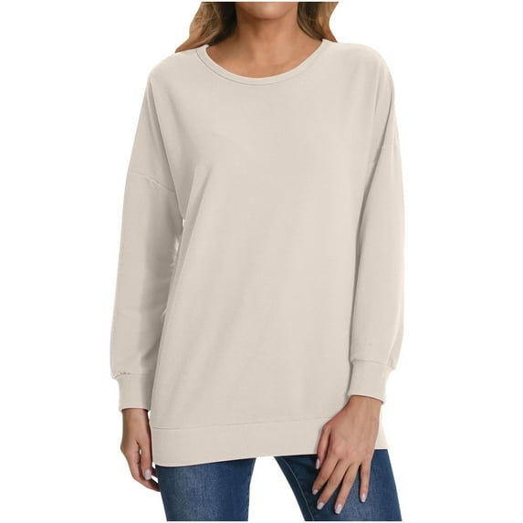 TKLPEHG Women'S Fashion Hoodies & Sweatshirts Crew Neck Tunic Pullover Long Sleeve Fashion Lightweight Classic Solid Color Loose Casual Pullover (Beige,L)