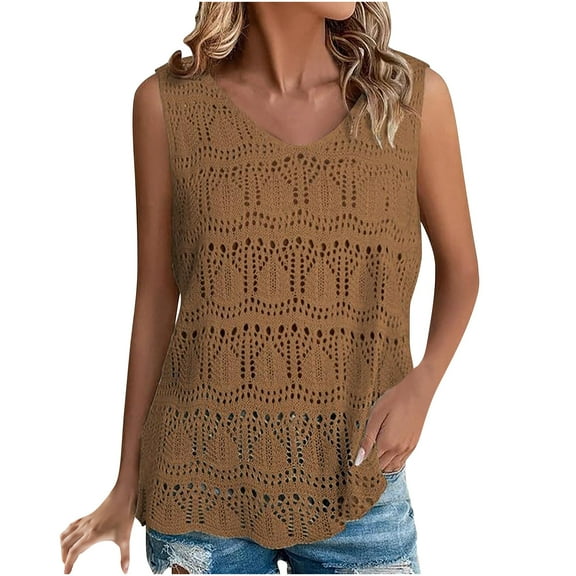 TKLPEHG Women'S Sleeveless Tops Crew Neck Hollow Out Tank Top Fashion Casual Comfy Summer Clothes Lightweight Solid Color Loose Sleeveless T Shirt Blouses (Brown,M)