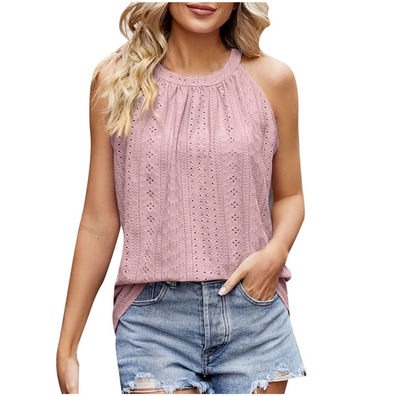 TKLPEHG Women'S Sleeveless Tops Crew Neck Pleated Spaghetti Strap Camisole Tank Top Loose Sleeveless T Shirt Casual Lightweight Comfy Summer Clothes Solid Color Fashion Blouses (Pink,L)