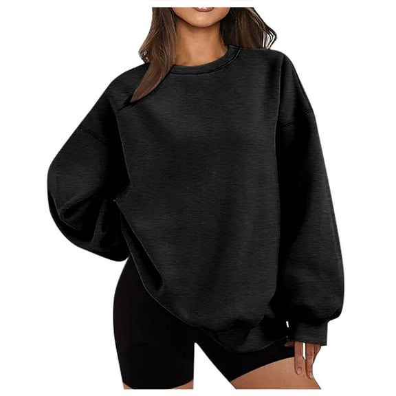TKLPEHG Women'S Sweatshirts Crew Neck Sweatshirt Pullover Casual Classic Solid Color Fashion Long Sleeve Lightweight Loose Pullover (Black,L)