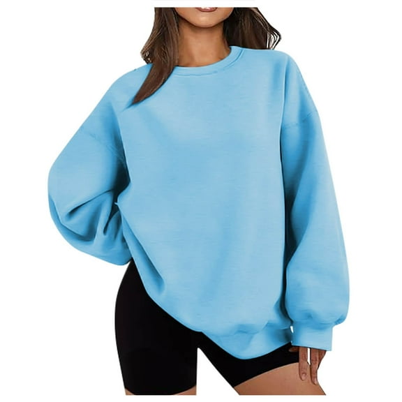 TKLPEHG Women'S Sweatshirts Crew Neck Sweatshirt Pullover Casual Classic Solid Color Fashion Long Sleeve Lightweight Loose Pullover (Light Blue,S)