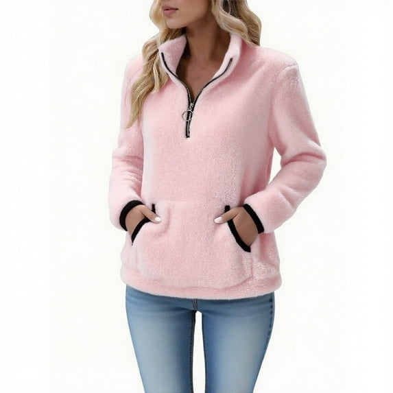 TKLPEHG Women Sherpa Fleece Pullover Quarter Zip Lapel Long Sleeve Tops Solid Color Soft Winter Warm Tops Pullover with Pocket (Pink,L)