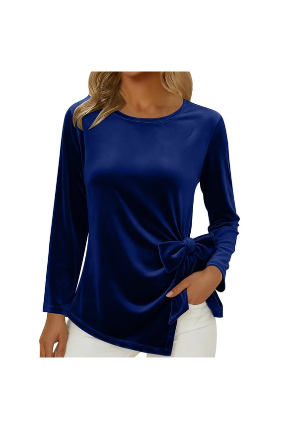 Women Shirts Dressy Casual Velvet Top with Oversized Bow Asymmetric Hem Shirts Crew Neck Soft Solid Color Ladies Long Sleeve Tops Blouses (Dark Blue,M)