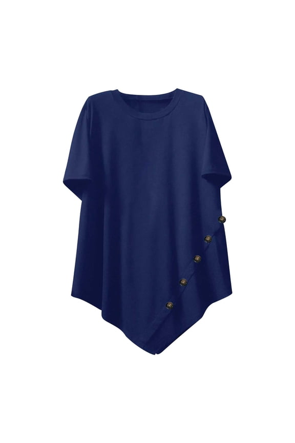 Women Short Sleeve Tunic Top Comfy Regular Crew Neck Solid Color Casual Plus Size Button Irregular Tunic Tops Loose Fit Clothes (Blue,XXXXL)