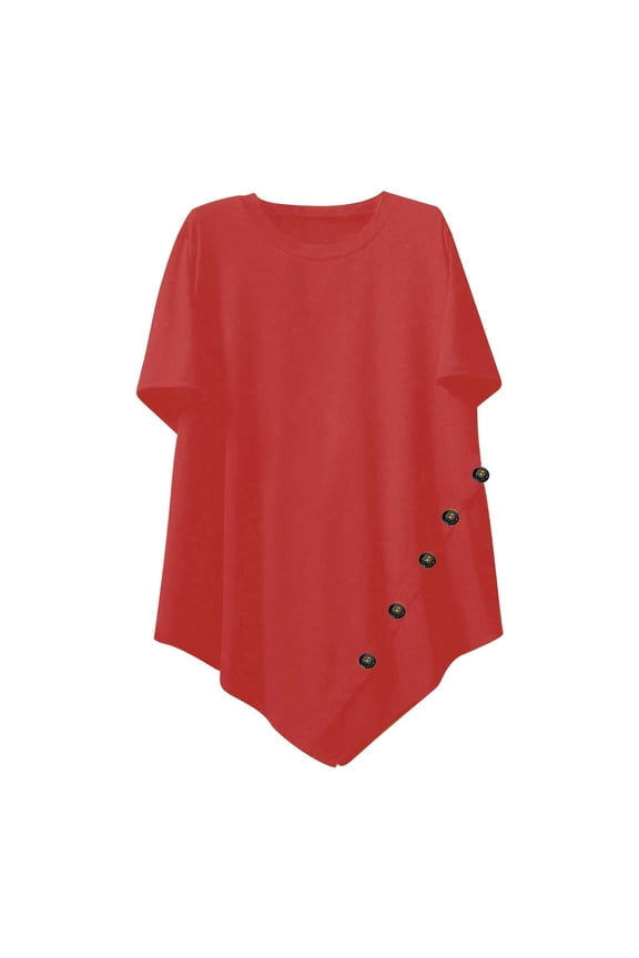 Women Short Sleeve Tunic Top Comfy Regular Crew Neck Solid Color Casual Plus Size Button Irregular Tunic Tops Loose Fit Clothes (Red,XL)