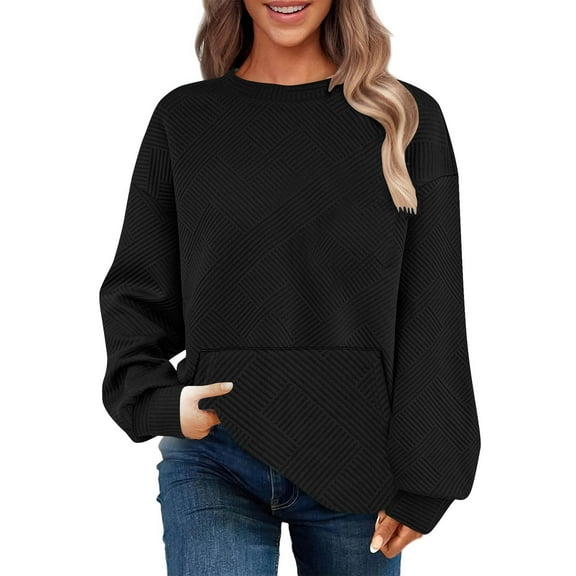 TKLPEHG Women Sweatshirts Crew Neck Sweatshirt with Pocket Lightweight Casual Classic Solid Color Fashion Long Sleeve Loose Pullover (Black,XXL)