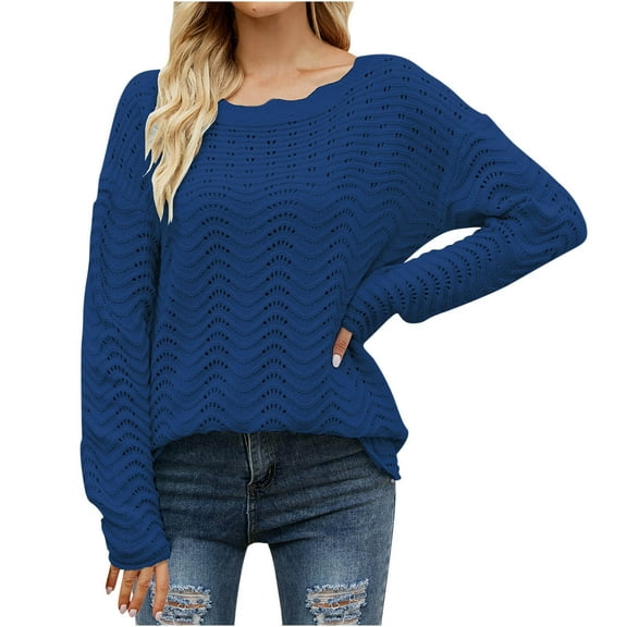 TKLPEHG Women Tops Dressy Casual Crew Neck Knitted Tops Loose Leisure Comfy Fashion Long Sleeve Lightweight Classic Solid Color Pullover (Dark Blue,XL)