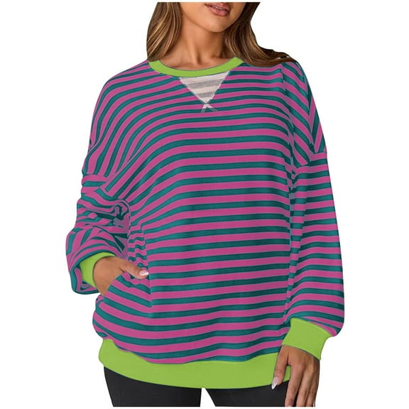 TKLPEHG Women Tops Dressy Casual Crew Neck Tunic Tops Fashion Long Sleeve Lightweight Classic Striped Print Loose Leisure Comfy Pullover (Hot Pink,XL)