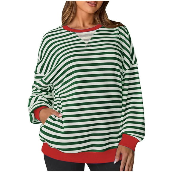TKLPEHG Women Tops Dressy Casual Crew Neck Tunic Tops Fashion Long Sleeve Lightweight Classic Striped Print Loose Leisure Comfy Pullover (Green,S)