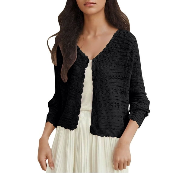 TKLPEHG Women's 2025 Cropped Cardigan Knitted Trendy Lightweight Solid Color Long Sleeve Button Crochet Beach Dress Top (Black,Free Size)
