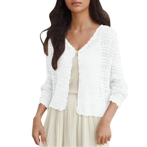 TKLPEHG Women's 2025 Cropped Cardigan Knitted Trendy Lightweight Solid Color Long Sleeve Button Crochet Beach Dress Top (White,Free Size)