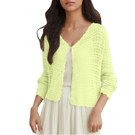TKLPEHG Women's 2025 Cropped Cardigan Knitted Trendy Lightweight Solid Color Long Sleeve Button Crochet Beach Dress Top (Yellow,Free Size)