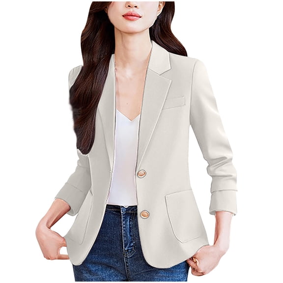 TKLPEHG Women's Blazers Long Sleeve Button Elegant Blazer Jackets Lightweight Loose Work Lapel Suit Coat with Pockets (Beige,S)