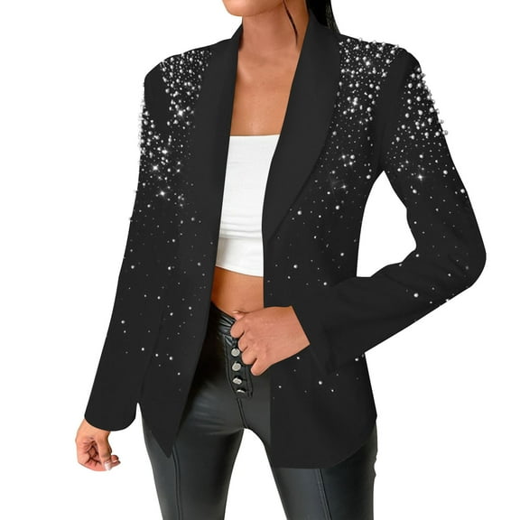 TKLPEHG Women's Blazers Long Sleeve Lapel Bubble Bead Lapel Suit Open Front Work Office Coats with Pockets (Black,M)
