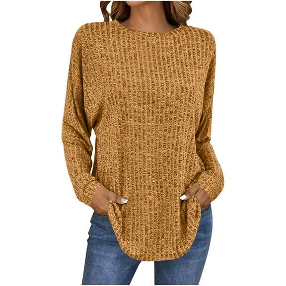 TKLPEHG Women's Blouses Crew Neck Knitted Sweater Lightweight Long Sleeve T Shirt Fall Tops Fashion Solid Color Casual Loose Comfy Blouses Pullover (Orange,XXL)